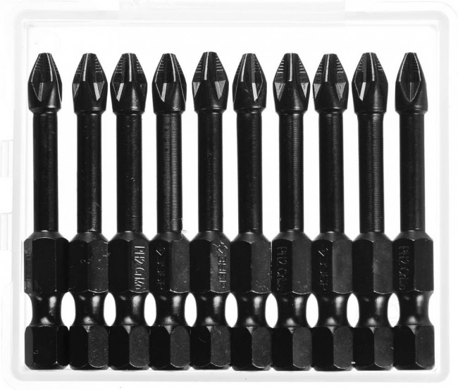 Биты ЗУБР "ПРОФИ" Phillips, тип хвостовика E 1/4", PH2, 50мм, 10шт, в пластиковом боксе, на карточке,  ( 26021-2-50-S10 )