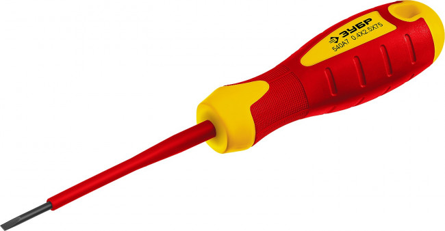 Отвертка диэлектрическая до 1000В, ЗУБР "ПРОФЕССИОНАЛ" "ПРОФИ ЭЛЕКТРИК" 25261-2.5-075, Cr-V, трехкомпонент рукоятка, SL 2 x 75 мм ( 25261-2.5-075_z01