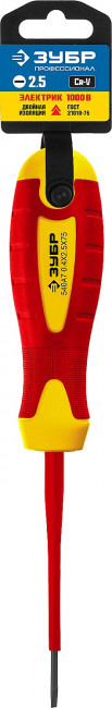 Отвертка диэлектрическая до 1000В, ЗУБР "ПРОФЕССИОНАЛ" "ПРОФИ ЭЛЕКТРИК" 25261-2.5-075, Cr-V, трехкомпонент рукоятка, SL 2 x 75 мм ( 25261-2.5-075_z01