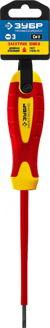 Отвертка диэлектрическая до 1000В, ЗУБР "ПРОФЕССИОНАЛ" "ПРОФИ ЭЛЕКТРИК" 25261-3.0-075, Cr-V, трехкомпонент рукоятка, SL 3 x 100 мм ( 25261-3.0-075_z01
