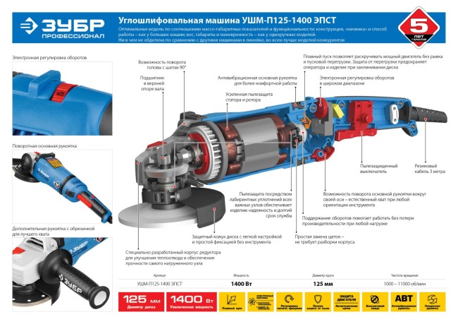 Углошлифов. машина (болгарка), ЗУБР Профессионал УШМ-П125-1400 ЭПСТ, удлин. рукоятка, конст. электрон., плав. пуск, 125мм, 3000-9500 об/мин, 1400 Вт,  ( УШМ-П125-1400 ЭПСТ )