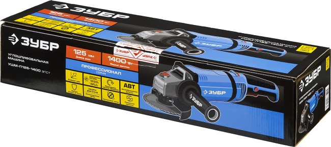 Углошлифов. машина (болгарка), ЗУБР Профессионал УШМ-П125-1400 ЭПСТ, удлин. рукоятка, конст. электрон., плав. пуск, 125мм, 3000-9500 об/мин, 1400 Вт,  ( УШМ-П125-1400 ЭПСТ )