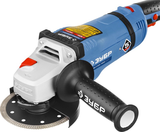Углошлифов. машина (болгарка), ЗУБР Профессионал УШМ-П125-1400 ЭПСТ, удлин. рукоятка, конст. электрон., плав. пуск, 125мм, 3000-9500 об/мин, 1400 Вт,  ( УШМ-П125-1400 ЭПСТ )