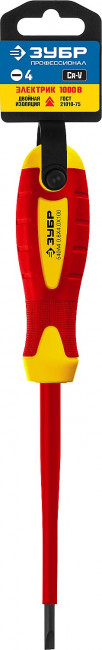 Отвертка диэлектрическая до 1000В, ЗУБР "ПРОФЕССИОНАЛ" "ПРОФИ ЭЛЕКТРИК" 25261-4.0-100, Cr-V, трехкомпонент рукоятка, SL 4 x 100 мм ( 25261-4.0-100_z01
