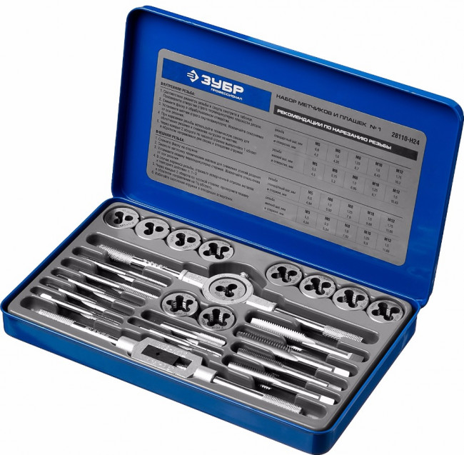 Набор метчиков и плашек ЗУБР "ПРОФЕССИОНАЛ", сталь Р6М5, 24 предмета,  ( 28110-H24 )