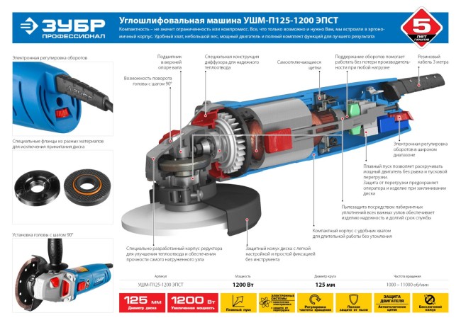 Углошлифов. машина (болгарка), ЗУБР Профессионал УШМ-П125-1200 ЭПСТ, одноруч. хват, конст. электрон., плав. пуск, 125 мм, 3000-11000 об/мин, 1200 Вт,  ( УШМ-П125-1200 ЭПСТ )