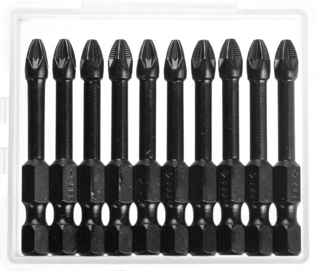 Биты ЗУБР "ПРОФИ" Pozidrive, тип хвостовика E 1/4", PZ2, 50мм, 10шт, в пластиковом боксе, на карточке ,  ( 26023-2-50-S10 )