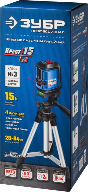ЗУБР  КРЕСТ-15, нивелир лазерный , суперкомпакт,  15м, точн. +/-0,3 мм/м, штатив, чехол,  ( 34902-3_z01 )