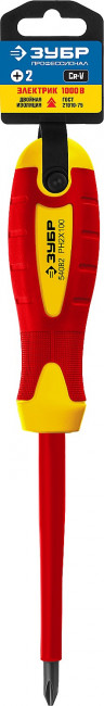 Отвертка диэлектрическая до 1000В, ЗУБР "ПРОФЕССИОНАЛ" "ПРОФИ ЭЛЕКТРИК" 25262-2-100, Cr-V, трехкомпонент рукоятка, PH 2 x 100 мм ( 25262-2-100_z01 )
