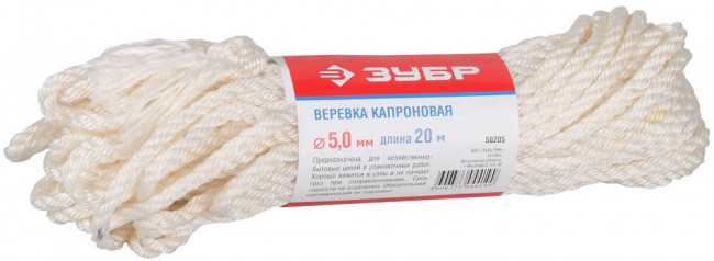 Веревка ЗУБР капроновая, d=6,0 мм, 20 м, 375 кгс, 12,5 ктекс, ( 50206 ) Веревка ЗУБР капроновая, d=6,0 мм, 20 м, 375 кгс, 12,5 ктекс, ( 50206 )
