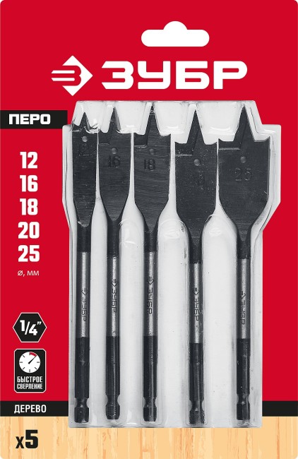 ЗУБР 5 шт, 12-16-18-20-25мм, набор сверл перовых по дереву, хвостовик HEX 1/4" ( 29505-H5_z01 )