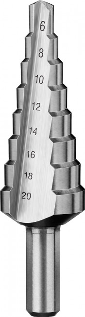 Сверло ЗУБР ступенчатое по сталям и цвет. мет. ст. Р6М5, d=6-20мм, 8ступ. d=6-8-10-12-14-16-18-20, L-75мм, 3-х гран.хв. 8мм,  ( 29670-6-20-8_z01 )