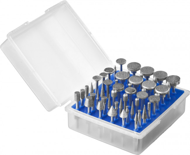 Набор ЗУБР "ПРОФЕССИОНАЛ": Мини-насадки с алмазным напылением в пластиковом боксе, Р 180, хвостовик 3мм, 50 предметов,  ( 33383-H50 )