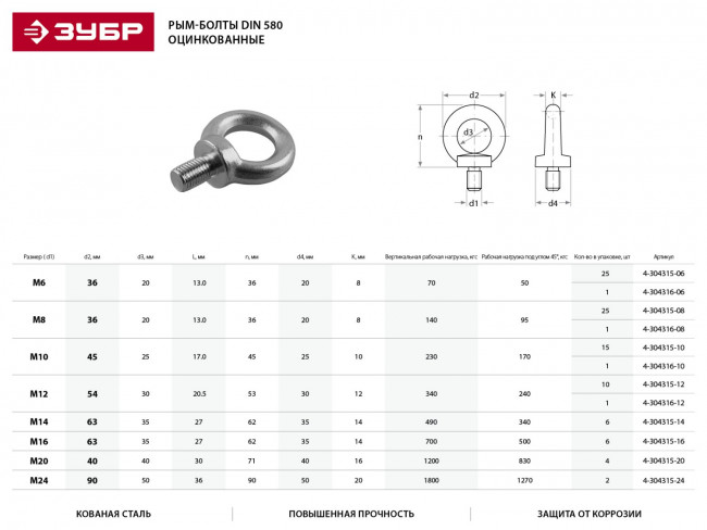 Рым-болт DIN 580, М6, 25 шт, оцинкованный, ЗУБР Профессионал,  ( 4-304315-06 )
