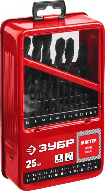 Набор сверл по металлу 25 шт (d=1-13 мм), быстрорежущая сталь, класс В, ЗУБР, МАСТЕР-25, ( 29605-H25 )