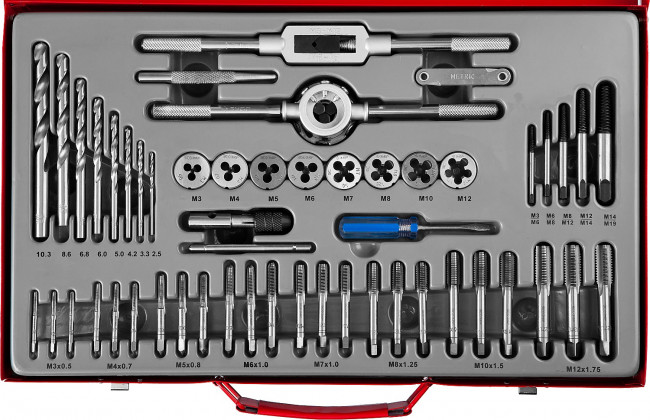 Набор метчиков и плашек ЗУБР "МАСТЕР", сталь 9ХС, 52 предмета, ( 28130-H52_z01 ) Набор метчиков и плашек ЗУБР "МАСТЕР", сталь 9ХС, 52 предмета, ( 28130-H52_z01 )