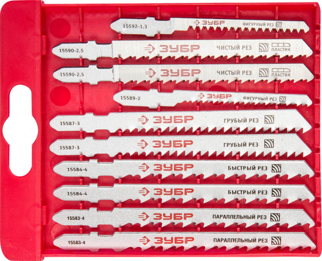 Набор ЗУБР "ЭКСПЕРТ" Полотна для эл/лобзика, Cr-V, по дереву, EU-хвост., пласт. бокс, 10шт, ( 15580-H10 ) Набор ЗУБР "ЭКСПЕРТ" Полотна для эл/лобзика, Cr-V, по дереву, EU-хвост., пласт. бокс, 10шт, ( 15580-H10 )