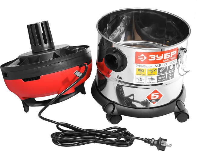 Пылесос строительный, ЗУБР ПУ-20-1400 М3, модель М3-20, 20 л, 1400 Вт, сухая и влажная уборка, корпус из нержавеющей стали, розетка до 2000Вт,  ( ПУ-20-1400 М3 )