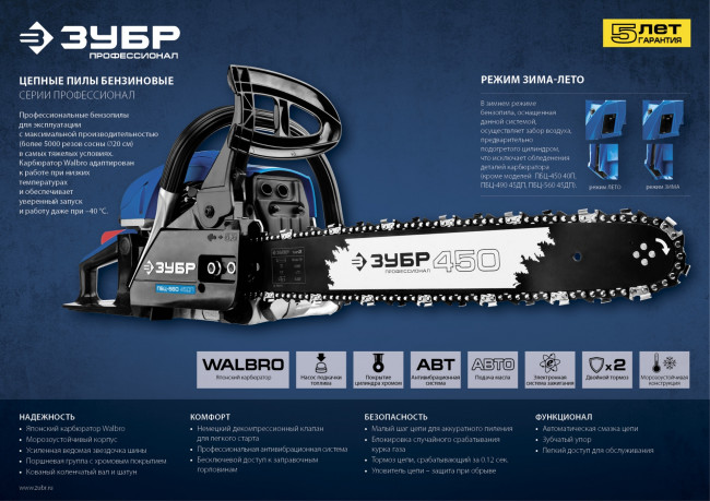 Пила цепная бензиновая, ЗУБР Профессионал ПБЦ-400 40П, хромир. цилиндр, праймер, 40 см3 (1,5 кВт), шина 40 см, 10800 об/мин,  ( ПБЦ-400 40П )