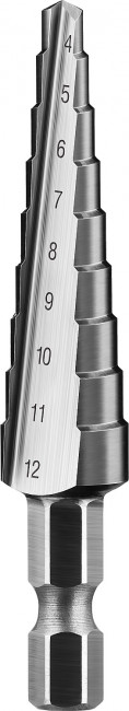 Сверло ЗУБР ступенчатое по сталям и цвет. мет. ст. Р6М5, d=4-12мм, 9ступ. d=4-12, L- 65 мм, шестигран. хвост.1/4",  ( 29670-4-12-9_z01 )