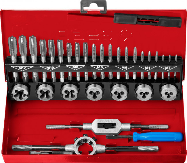 Набор метчиков и плашек ЗУБР "МАСТЕР", сталь 9ХС, 32 предмета,  ( 28129-H32_z01 )