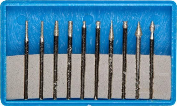 Набор ЗУБР: Мини-насадки с алмазным напылением в пластиковом боксе, P=180, хвостовик d=3мм, 10 предметов,  ( 33383-H10 )
