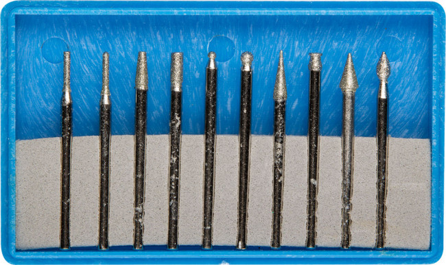 Набор ЗУБР: Мини-насадки с алмазным напылением в пластиковом боксе, P=180, хвостовик d=3мм, 10 предметов,  ( 33383-H10 )