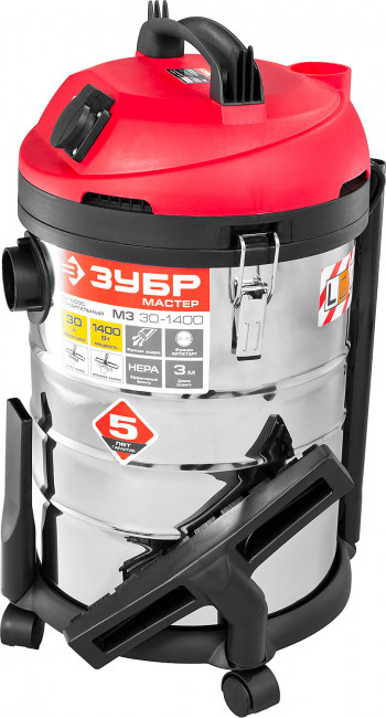 Пылесос строительный, ЗУБР ПУ-30-1400 М3, модель М3-30, 30 л, 1400 Вт, сухая и влажная уборка, корпус из нержавеющей стали, розетка до 2000Вт,  ( ПУ-30-1400 М3 )