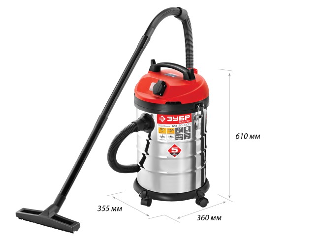 Пылесос строительный, ЗУБР ПУ-30-1400 М3, модель М3-30, 30 л, 1400 Вт, сухая и влажная уборка, корпус из нержавеющей стали, розетка до 2000Вт,  ( ПУ-30-1400 М3 )
