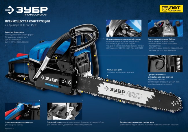 Пила цепная бензиновая, ЗУБР Профессионал ПБЦ-490 45ДП, хромир. цилиндр, праймер, декомпрессионный клапан, 49 см3 (2,2 кВт), шина 45 см, 12500 об/мин,  ( ПБЦ-490 45ДП )