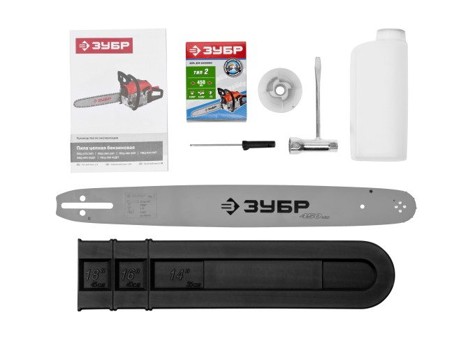 Пила цепная бензиновая, ЗУБР Профессионал ПБЦ-490 45ДП, хромир. цилиндр, праймер, декомпрессионный клапан, 49 см3 (2,2 кВт), шина 45 см, 12500 об/мин,  ( ПБЦ-490 45ДП )