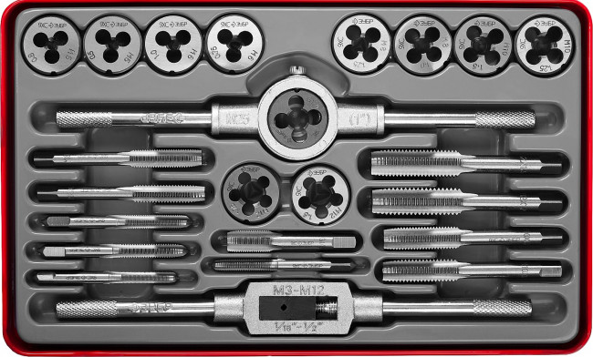 Набор метчиков и плашек ЗУБР "МАСТЕР", сталь 9ХС, 24 предмета,  ( 28116-H24_z01 )