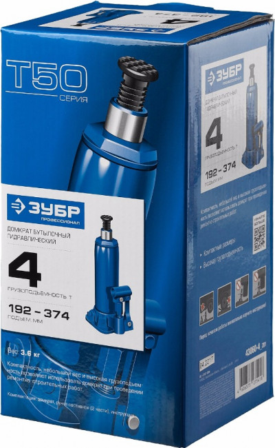Домкрат гидравлический бутылочный T50, 4т, 192-374мм, ЗУБР Профессионал 43060-4,  ( 43060-4_z01 )