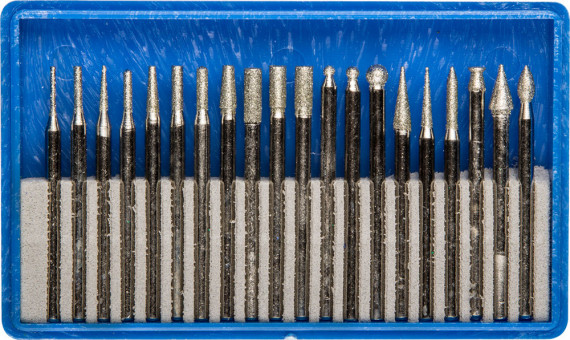 Набор ЗУБР: Мини-насадки с алмазным напылением в пластиковом боксе, P=180, хвостовик d=3мм, 20 предметов,  ( 33383-H20 )