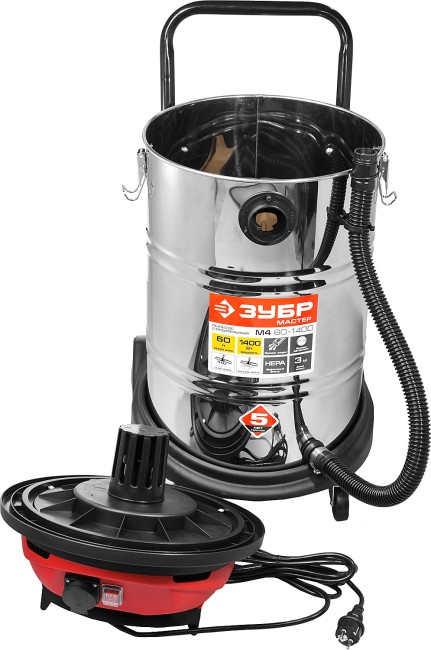 Пылесос строительный, ЗУБР ПУ-60-1400 М4, модель М4-60, 60 л, 1400 Вт, сухая и влажная уборка, корпус из нержав. стали, розетка до 2000 Вт,  ( ПУ-60-1400 М4 )