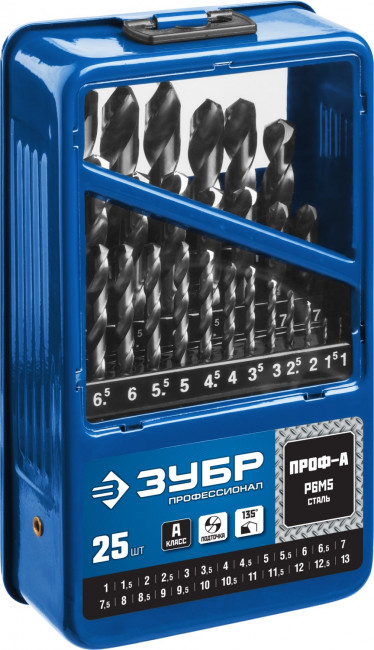 Набор сверл по металлу 25 шт (d=1-13 мм), Проф-А, класс А, сталь Р6М5, ЗУБР Профессионал, (  29625-H25 )