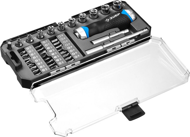 Набор ЗУБР "ПРОФЕССИОНАЛ": Отвертка реверсив с двухкомп рукоят, насадки, CrMo, рукоят с отсеком для хранения бит, 38 предметов,  ( 25352-H38 )