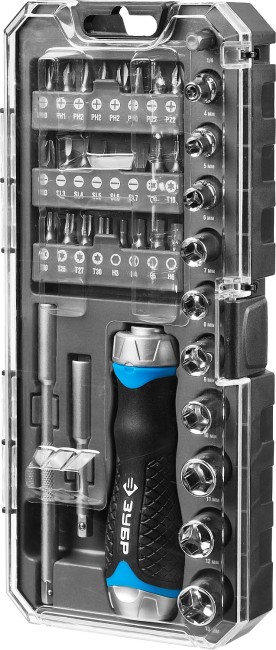 Набор ЗУБР "ПРОФЕССИОНАЛ": Отвертка реверсив с двухкомп рукоят, насадки, CrMo, рукоят с отсеком для хранения бит, 38 предметов,  ( 25352-H38 )