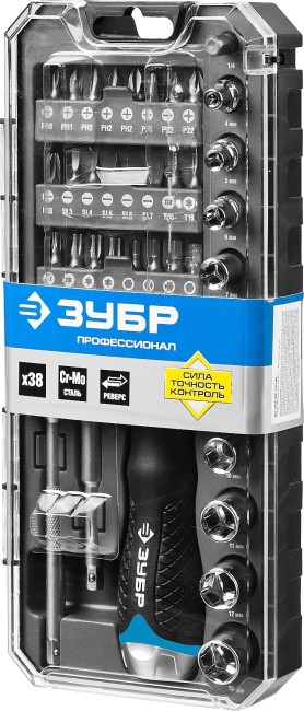 Набор ЗУБР "ПРОФЕССИОНАЛ": Отвертка реверсив с двухкомп рукоят, насадки, CrMo, рукоят с отсеком для хранения бит, 38 предметов,  ( 25352-H38 )