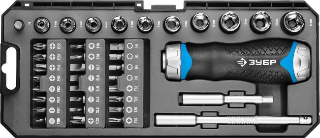 Набор ЗУБР "ПРОФЕССИОНАЛ": Отвертка реверсив с двухкомп рукоят, насадки, CrMo, рукоят с отсеком для хранения бит, 38 предметов,  ( 25352-H38 )