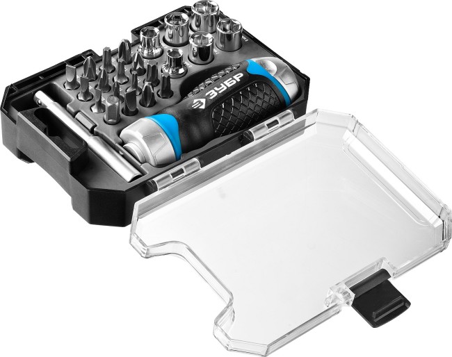 Набор ЗУБР "ПРОФЕССИОНАЛ": Отвертка реверсив с двухкомп рукоят, насадки, CrMo, рукоят с отсеком для хранения бит, 24 предмета,  ( 25353-H24 )