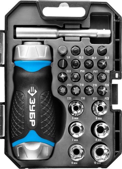 Набор ЗУБР "ПРОФЕССИОНАЛ": Отвертка реверсив с двухкомп рукоят, насадки, CrMo, рукоят с отсеком для хранения бит, 24 предмета,  ( 25353-H24 )