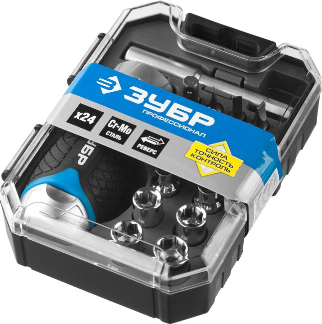 Набор ЗУБР "ПРОФЕССИОНАЛ": Отвертка реверсив с двухкомп рукоят, насадки, CrMo, рукоят с отсеком для хранения бит, 24 предмета,  ( 25353-H24 )