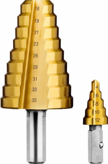 Сверло ступенчатое 2-х модульное по сталям и цвет. мет., ст. Р6М5 с покрытием TiN, 4-35(4-12, 16-35), 14 ступ., трехгран. хв., ЗУБР "ПРОФЕССИОНАЛ",  ( 29673-4-35 )