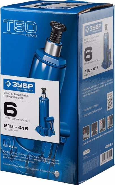 Домкрат гидравлический бутылочный T50, 6т, 215-415мм, ЗУБР Профессионал 43060-6,  ( 43060-6_z01 )