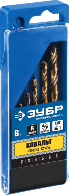 Набор сверл по металлу 6 шт (d=2-8 мм), КОБАЛЬТ, сталь Р6М5К5, класс А, ЗУБР Профессионал, (  29626-H6 )