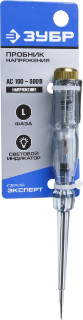Пробник ЗУБР "ЭКСПЕРТ" электрический, на карточке, 100-500В, 145мм,  ( 25720 )