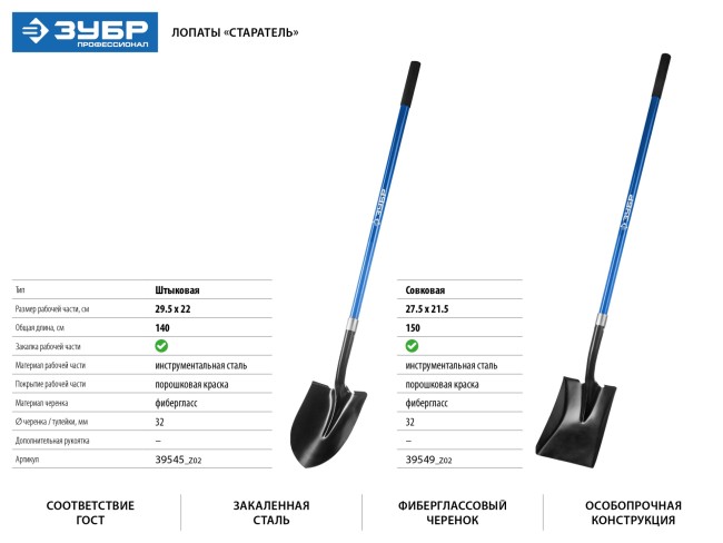 Лопата "СТАРАТЕЛЬ" штыковая для земляных работ, фиберглассовый черенок, ЗУБР Профессионал ( 39545_z02 )