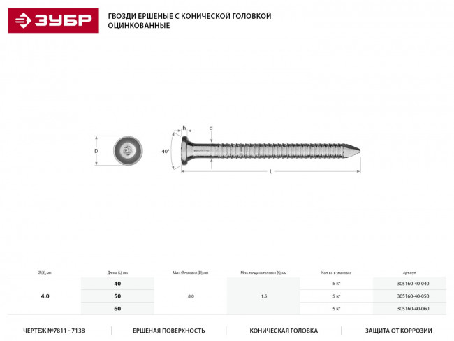 Гвозди ершеные с конической головкой, оцинкованные, 50 х 4.0 мм, 5 кг, ЗУБР,  ( 305160-40-050 )