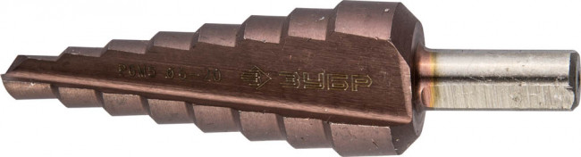 Сверло ЗУБР "КОБАЛЬТ" ступен. по сталям и цвет. мет. ст. Р6М5 с кобальт. покрыт., d=6-20мм, 8ст. d=6-20, L-75мм, трехгран.хв.8мм,  ( 29672-6-20-8_z01 )